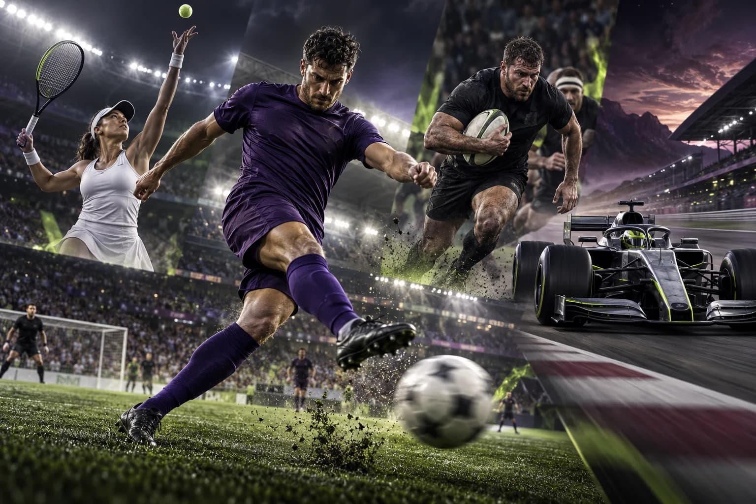 Original sports artwork showing football, tennis, rugby and motor racing